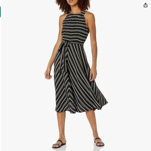 Tommy Hilfiger Striped Halter Midi Dress Belted Crinkle Gauze Black Gray 12 NWOT